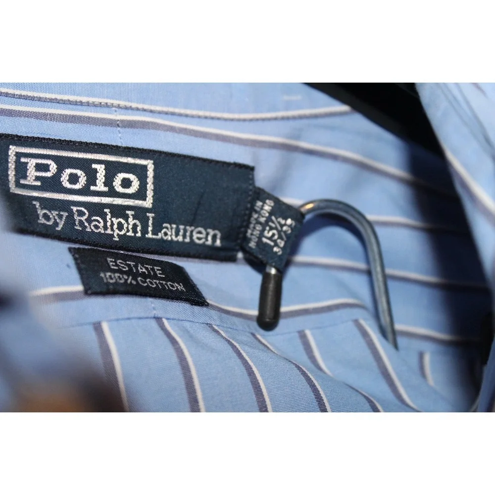Polo Ralph Lauren Estate Mens Blue White Striped Dress Shirt 15.5 34/35 Cotton